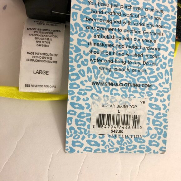 Sinful by Affliction Bikini Top Reversible Leopard Lace Overlay Black Yellow L - Picture 4 of 4